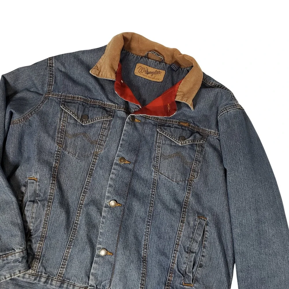 Wrangler Authentic Western Jacket Blue Denim Flannel Lined Corduroy Collar L